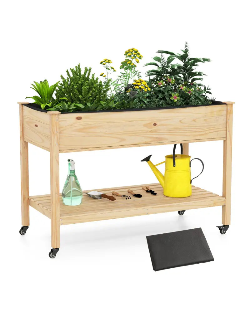 Wood Elevated Planter Bed with Lockable Wheels Shelf and Liner - Natural - Raised Garden Beds