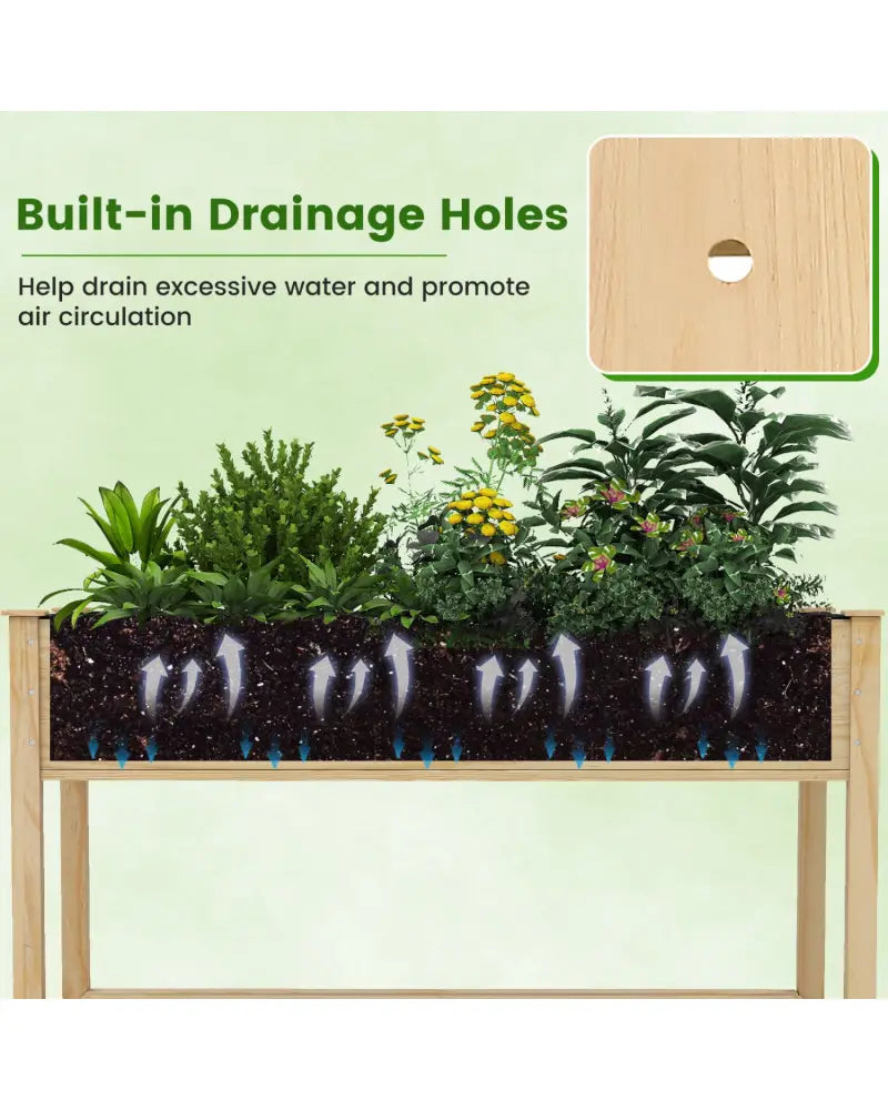 Wood Elevated Planter Bed with Lockable Wheels Shelf and Liner - Natural - Raised Garden Beds