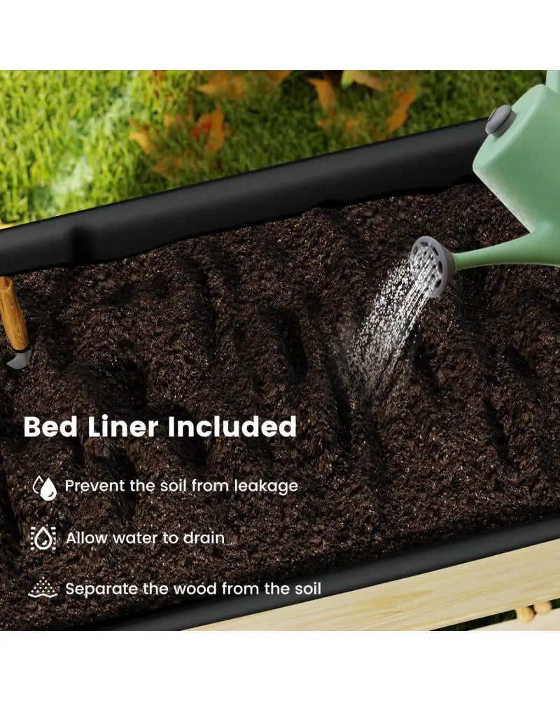 Wood Elevated Planter Bed with Lockable Wheels Shelf and Liner - Natural - Raised Garden Beds