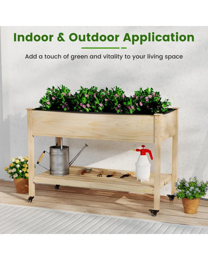 Wood Elevated Planter Bed with Lockable Wheels Shelf and Liner - Natural - Raised Garden Beds