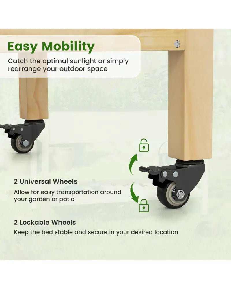 Wood Elevated Planter Bed with Lockable Wheels Shelf and Liner - Natural - Raised Garden Beds