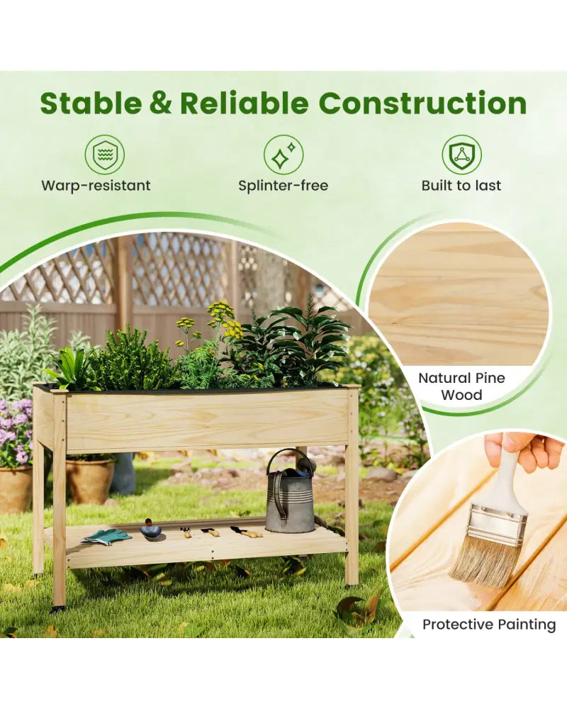 Wood Elevated Planter Bed with Lockable Wheels Shelf and Liner - Natural - Raised Garden Beds