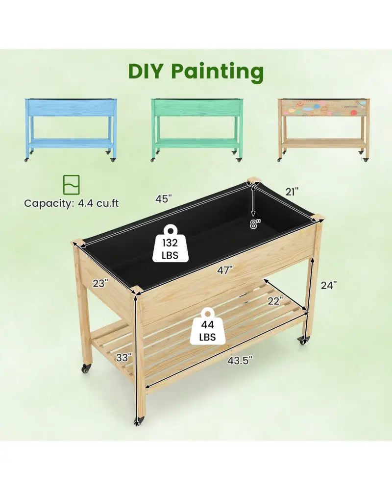 Wood Elevated Planter Bed with Lockable Wheels Shelf and Liner - Natural - Raised Garden Beds
