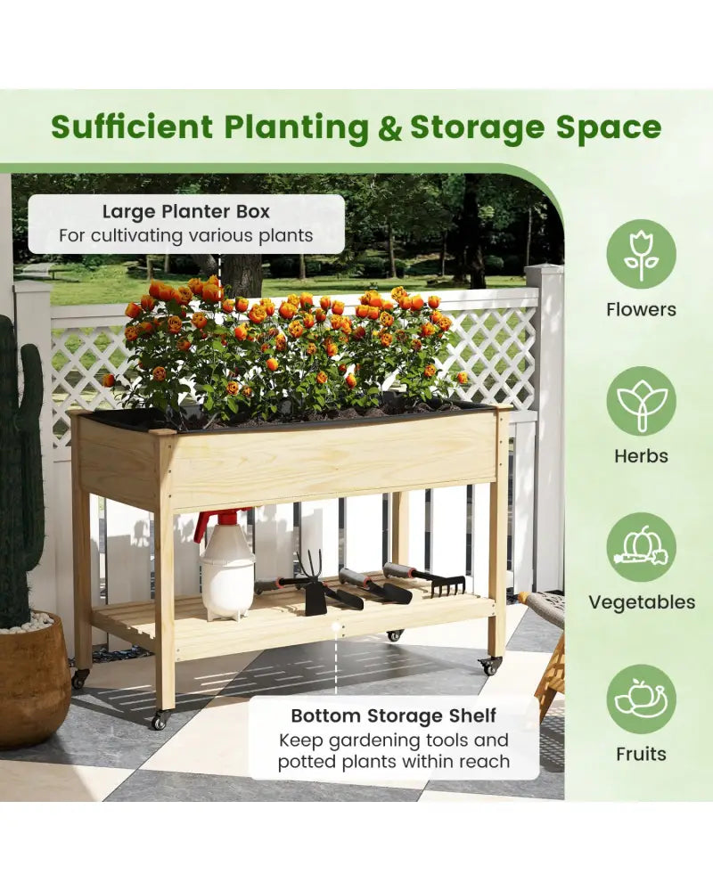 Wood Elevated Planter Bed with Lockable Wheels Shelf and Liner - Natural - Raised Garden Beds
