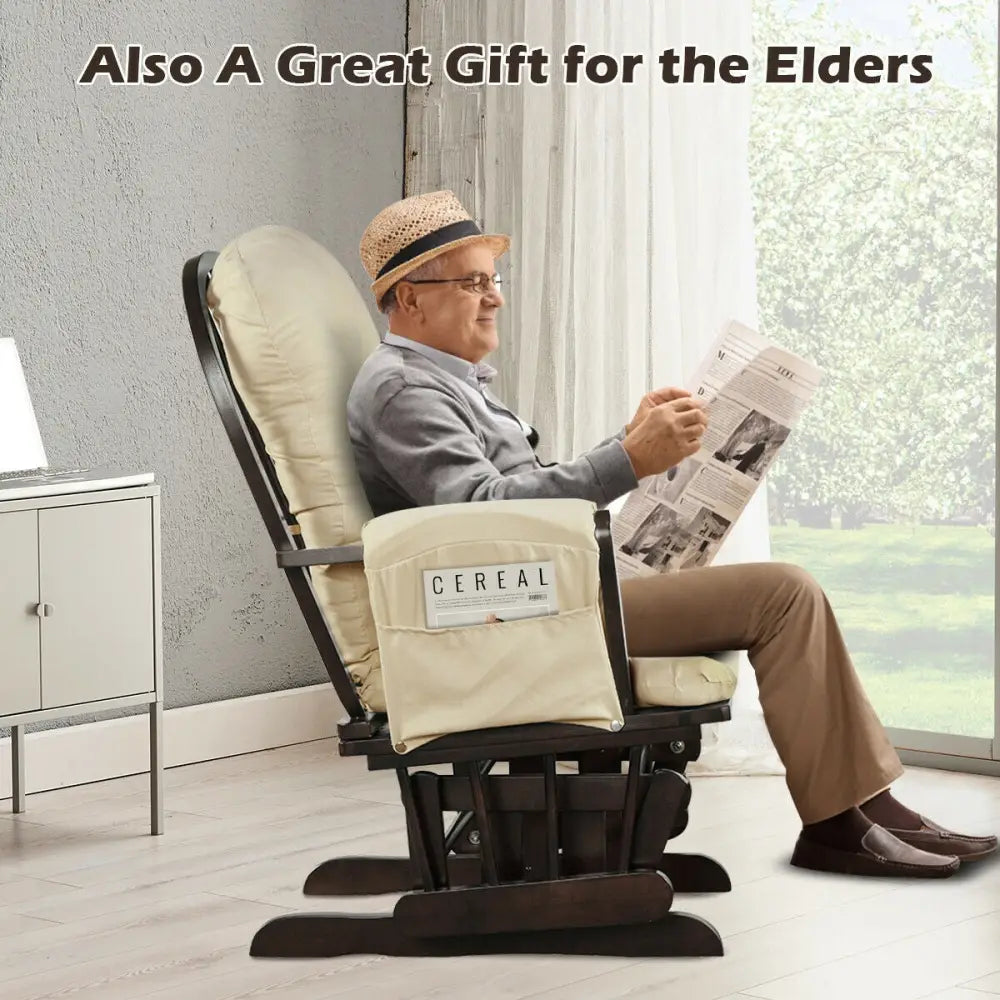 Wood Glider and Ottoman Set with Padded Armrests and Detachable Cushion-Beige - Beige - Recliners
