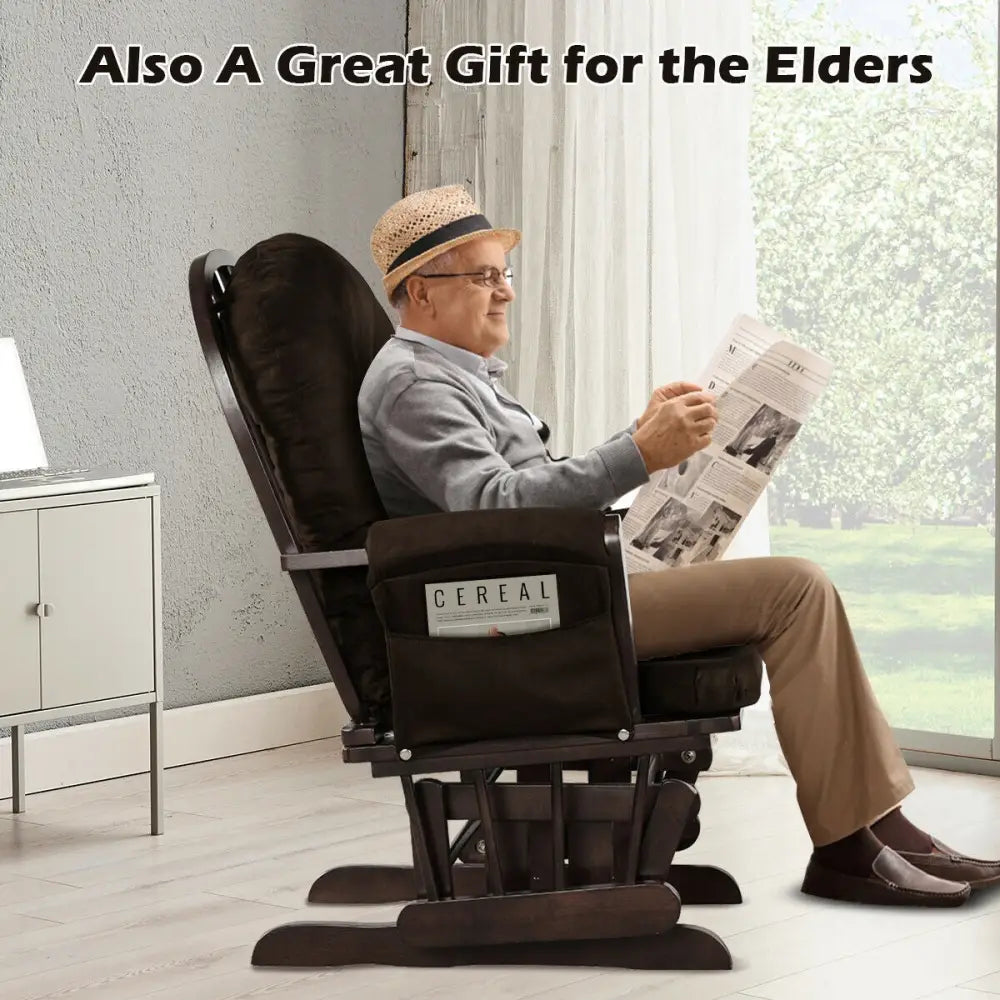 Wood Glider and Ottoman Set with Padded Armrests and Detachable Cushion-Brown - Brown - Recliners