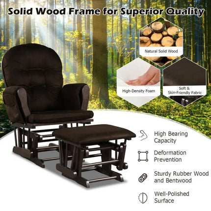 Wood Glider and Ottoman Set with Padded Armrests and Detachable Cushion-Brown - Brown - Recliners