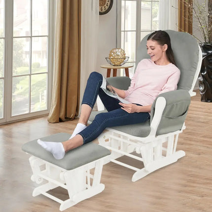 Wood Glider and Ottoman Set with Padded Armrests and Detachable Cushion-Light Gray - Light Gray - Recliners
