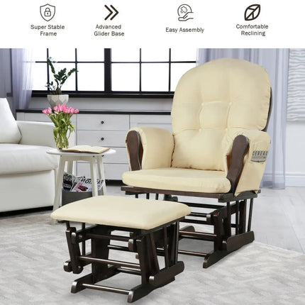 Wood Glider and Ottoman Set with Padded Armrests and Detachable Cushion-Beige - Beige - Recliners