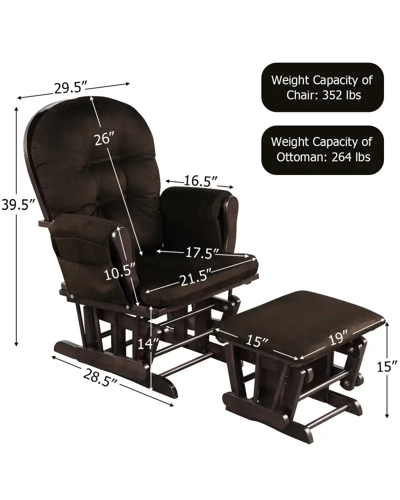 Wood Glider and Ottoman Set with Padded Armrests and Detachable Cushion-Brown - Brown - Recliners