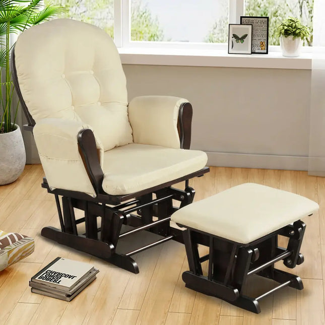 Wood Glider and Ottoman Set with Padded Armrests and Detachable Cushion-Beige - Beige - Recliners