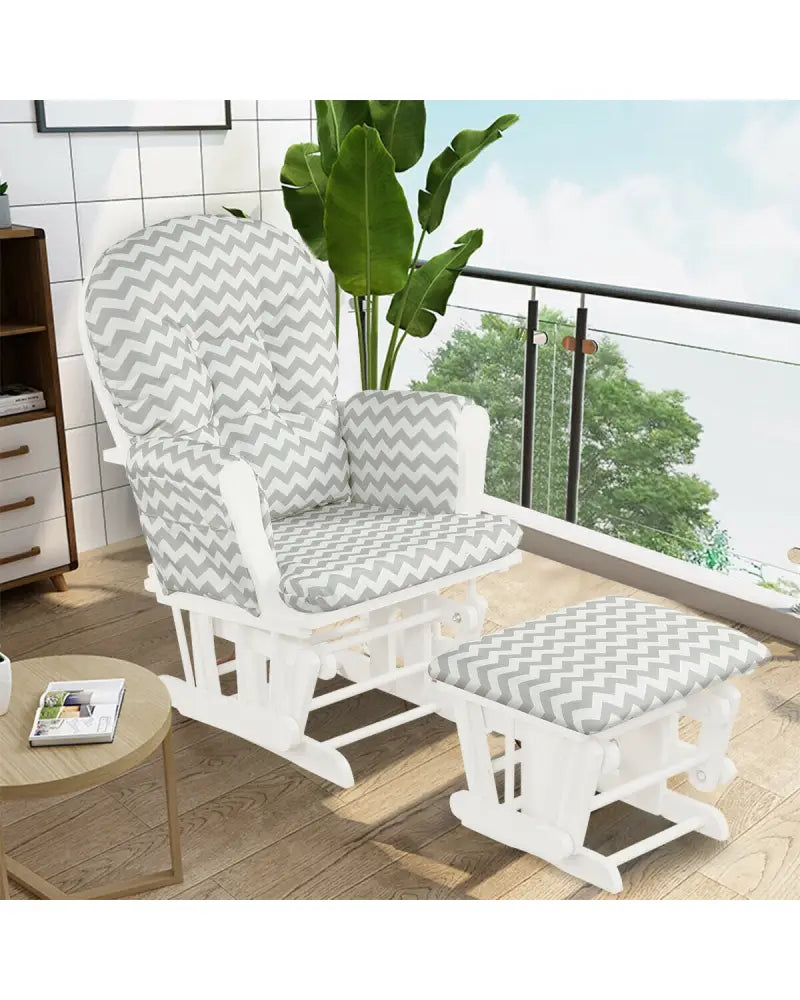 Wood Glider and Ottoman Set with Padded Armrests and Detachable Cushion-Gray and White - White - Recliners