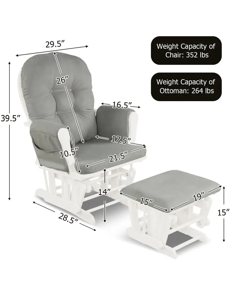 Wood Glider and Ottoman Set with Padded Armrests and Detachable Cushion-Light Gray - Light Gray - Recliners