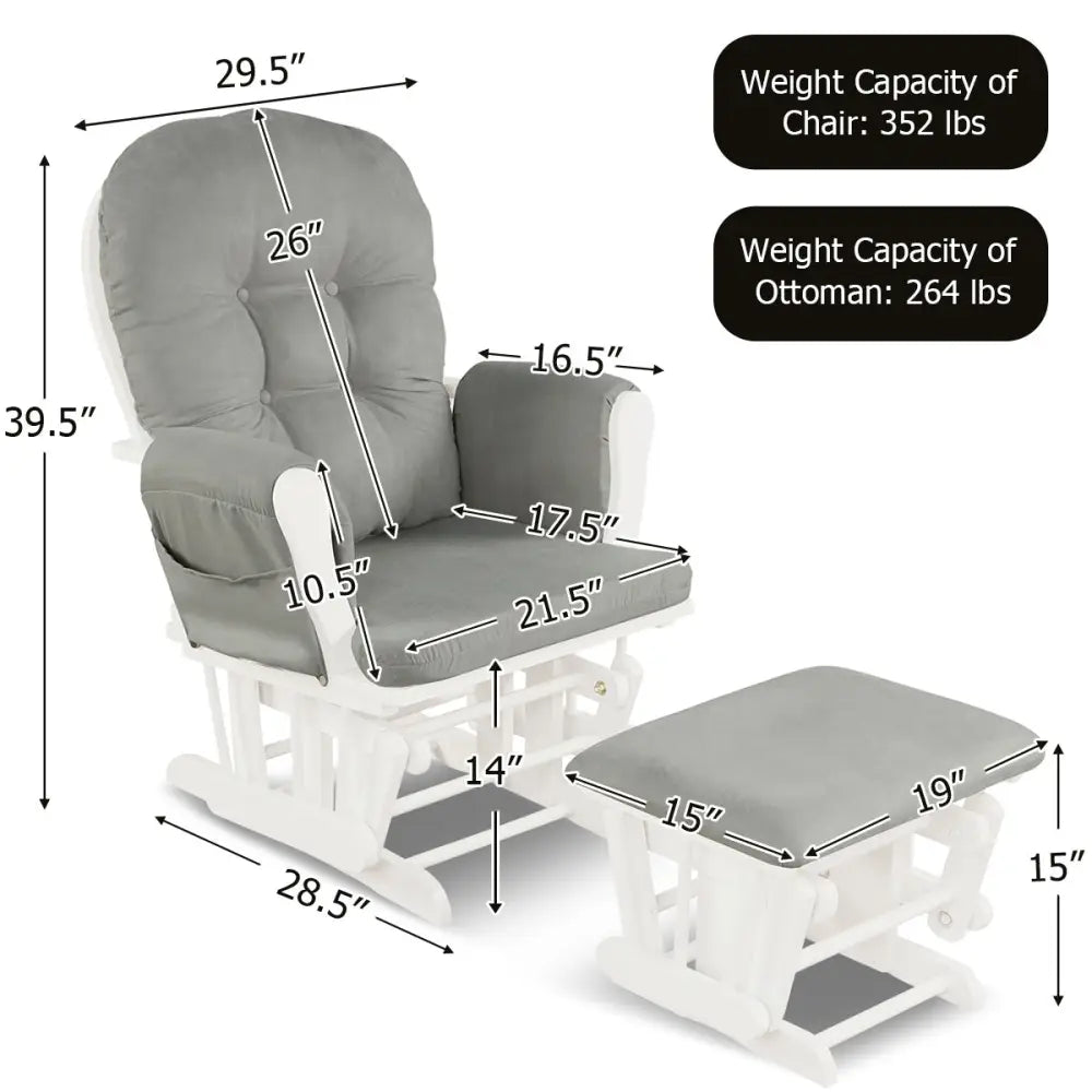 Wood Glider and Ottoman Set with Padded Armrests and Detachable Cushion-Light Gray - Light Gray - Recliners