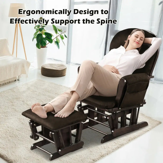 Wood Glider and Ottoman Set with Padded Armrests and Detachable Cushion-Brown - Brown - Recliners