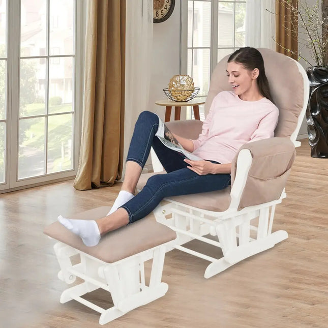 Wood Glider and Ottoman Set with Padded Armrests and Detachable Cushion-Pink - Pink - Recliners