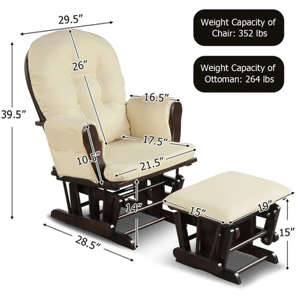 Wood Glider and Ottoman Set with Padded Armrests and Detachable Cushion-Beige - Beige - Recliners