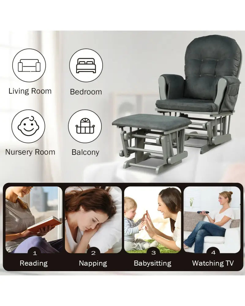 Wood Glider and Ottoman Set with Padded Armrests and Detachable Cushion-Dark Gray - Dark Gray - Recliners