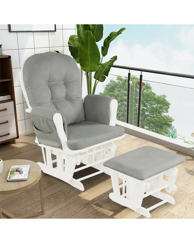 Wood Glider and Ottoman Set with Padded Armrests and Detachable Cushion-Light Gray - Light Gray - Recliners