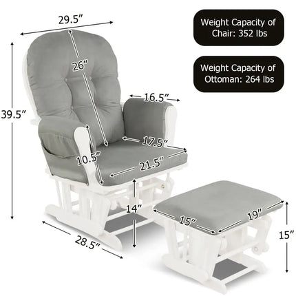 Wood Glider and Ottoman Set with Padded Armrests and Detachable Cushion-Light Gray - Light Gray - Recliners
