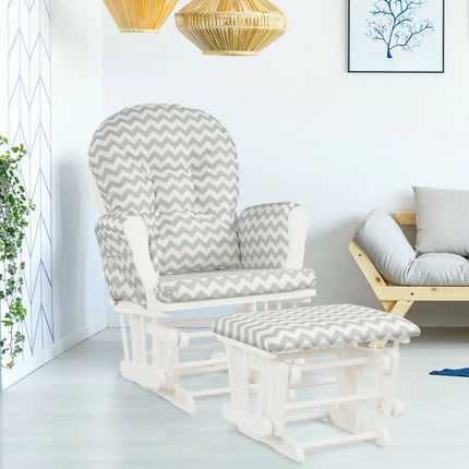 Wood Glider and Ottoman Set with Padded Armrests and Detachable Cushion-Gray and White - White - Recliners