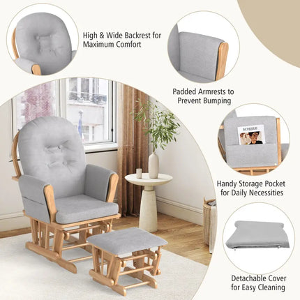 Wood Glider and Ottoman Set with Padded Armrests and Detachable Cushion-Natural - Natural - Recliners