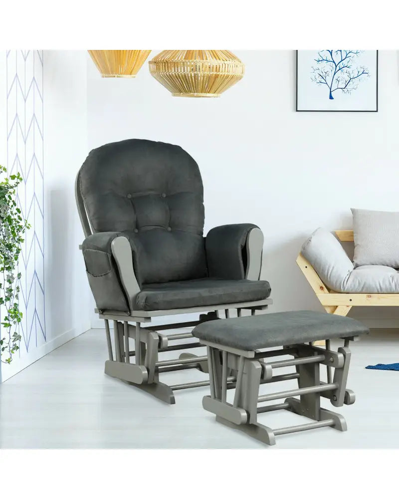 Wood Glider and Ottoman Set with Padded Armrests and Detachable Cushion-Dark Gray - Dark Gray - Recliners