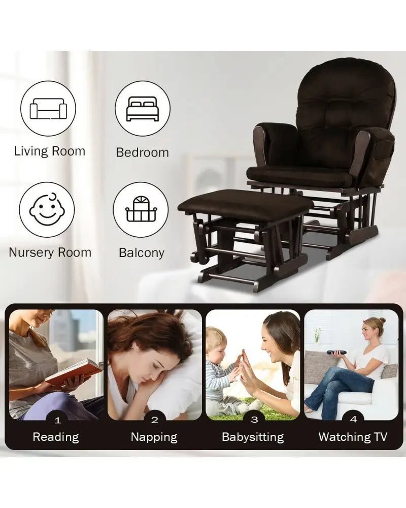 Wood Glider and Ottoman Set with Padded Armrests and Detachable Cushion-Brown - Brown - Recliners
