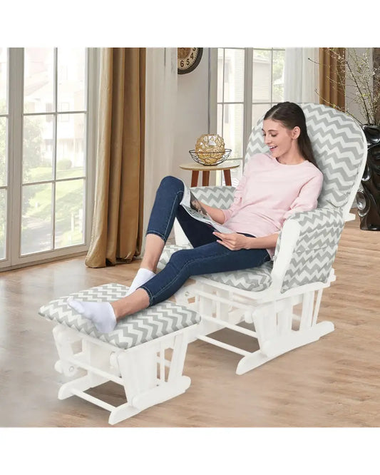 Wood Glider and Ottoman Set with Padded Armrests and Detachable Cushion-Gray and White - White - Recliners