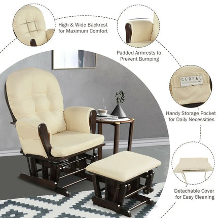 Wood Glider and Ottoman Set with Padded Armrests and Detachable Cushion-Beige - Beige - Recliners