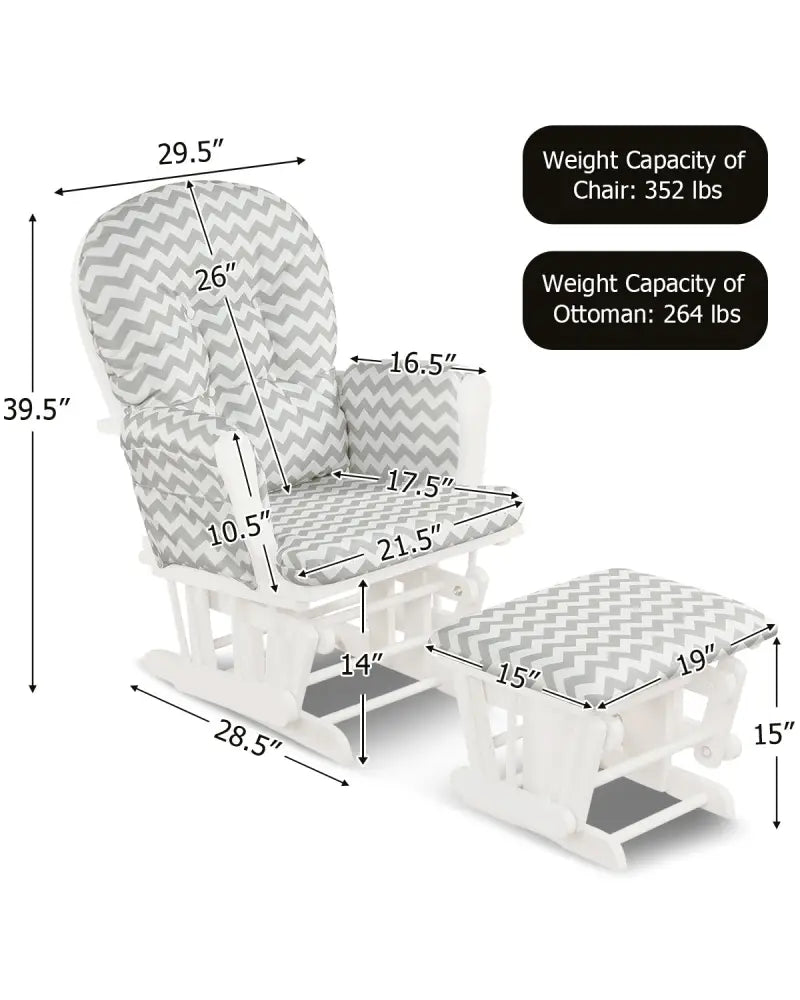Wood Glider and Ottoman Set with Padded Armrests and Detachable Cushion-Gray and White - White - Recliners
