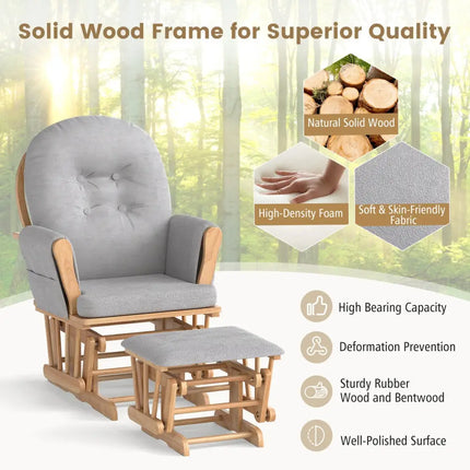 Wood Glider and Ottoman Set with Padded Armrests and Detachable Cushion-Natural - Natural - Recliners