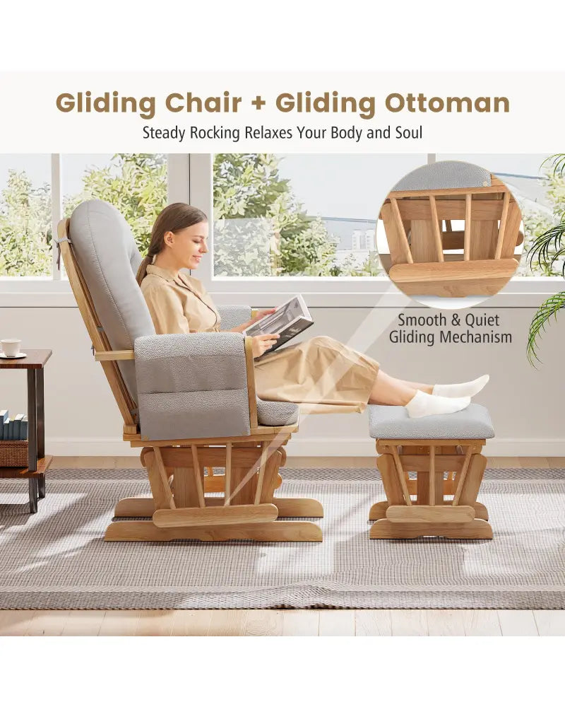 Wood Glider and Ottoman Set with Padded Armrests and Detachable Cushion-Natural - Natural - Recliners