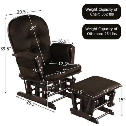 Wood Glider and Ottoman Set with Padded Armrests and Detachable Cushion-Brown - Brown - Recliners