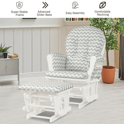 Wood Glider and Ottoman Set with Padded Armrests and Detachable Cushion-Gray and White - White - Recliners