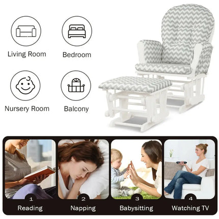 Wood Glider and Ottoman Set with Padded Armrests and Detachable Cushion-Gray and White - White - Recliners