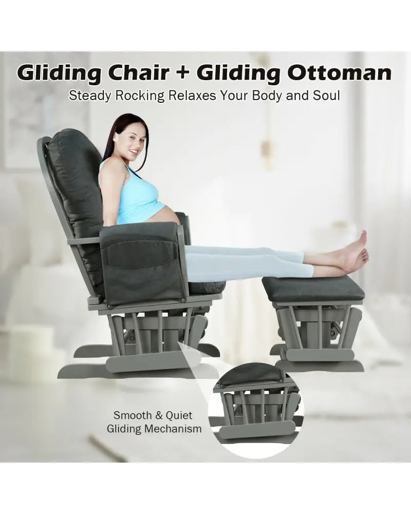 Wood Glider and Ottoman Set with Padded Armrests and Detachable Cushion-Dark Gray - Dark Gray - Recliners
