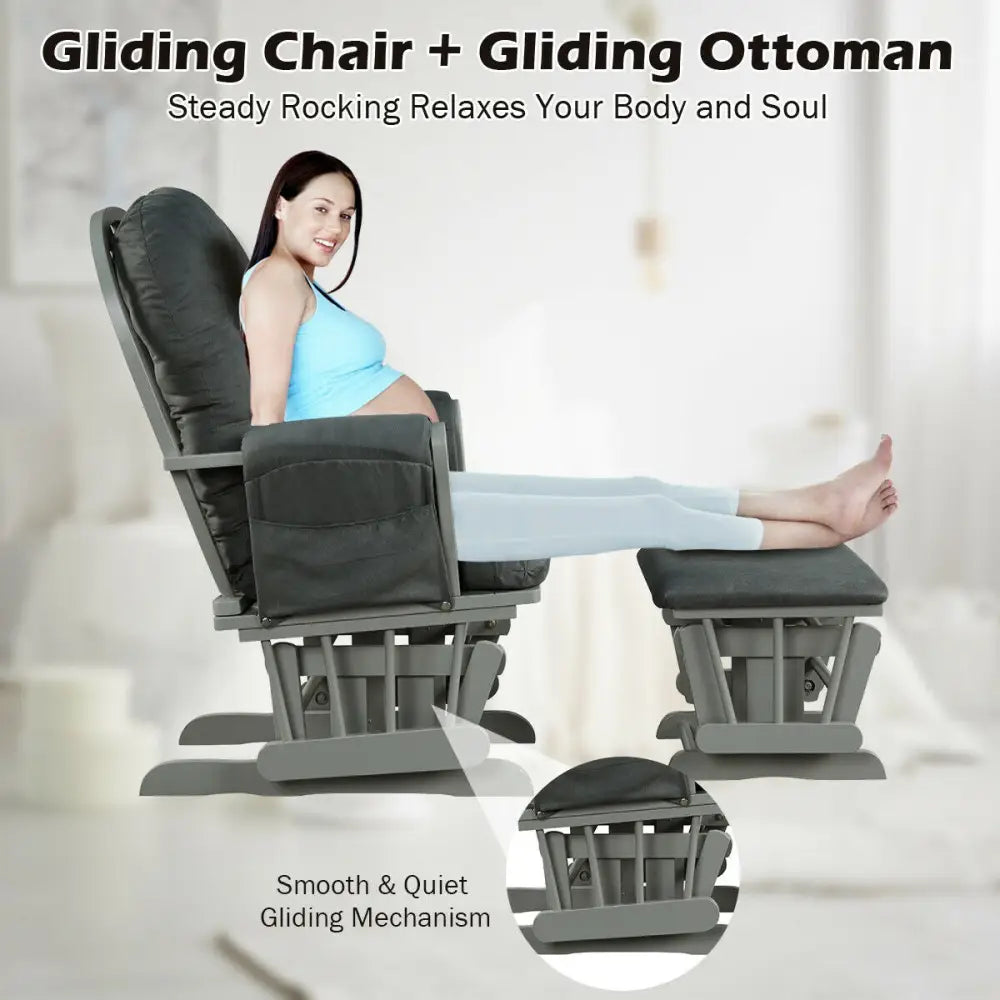 Wood Glider and Ottoman Set with Padded Armrests and Detachable Cushion-Dark Gray - Dark Gray - Recliners