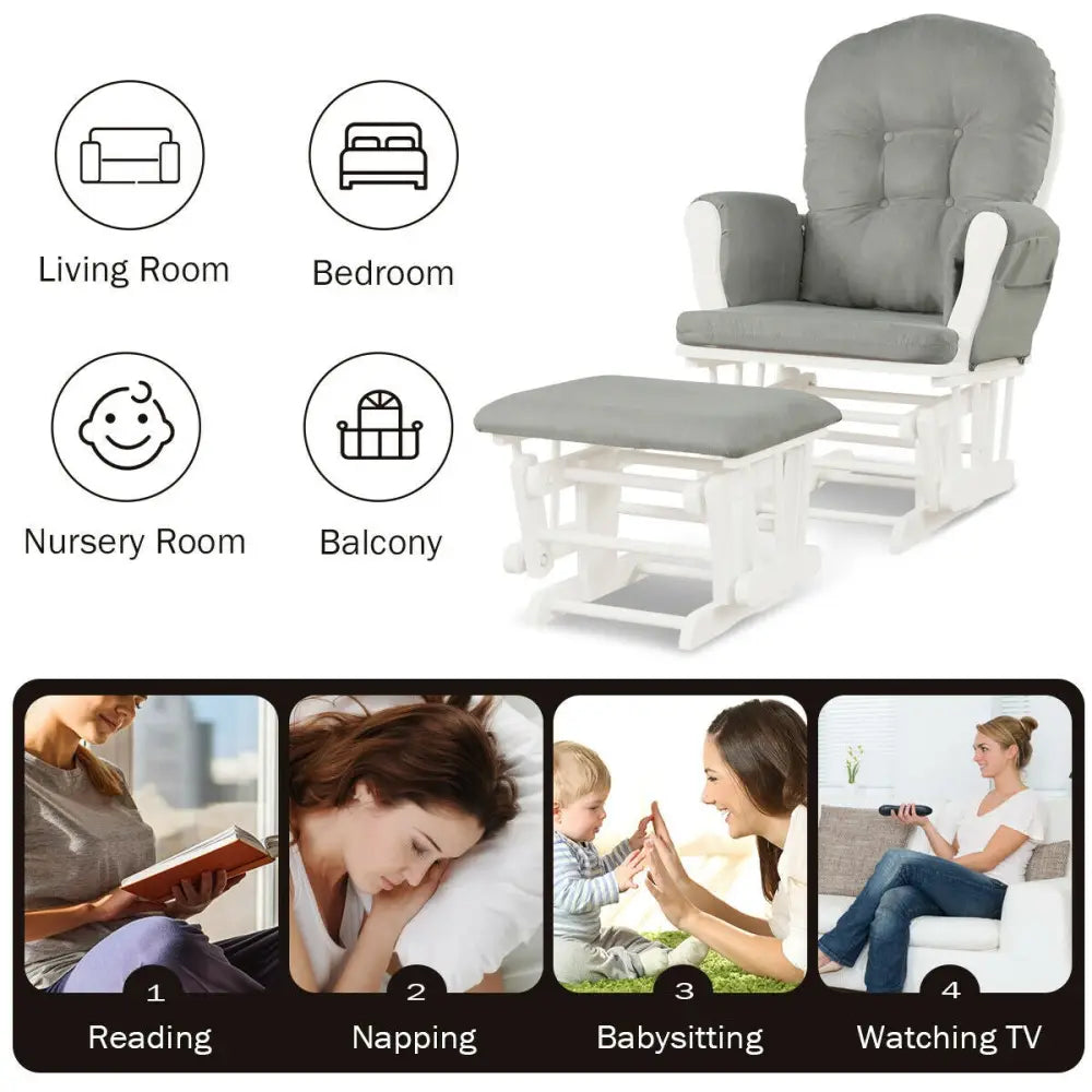Wood Glider and Ottoman Set with Padded Armrests and Detachable Cushion-Light Gray - Light Gray - Recliners