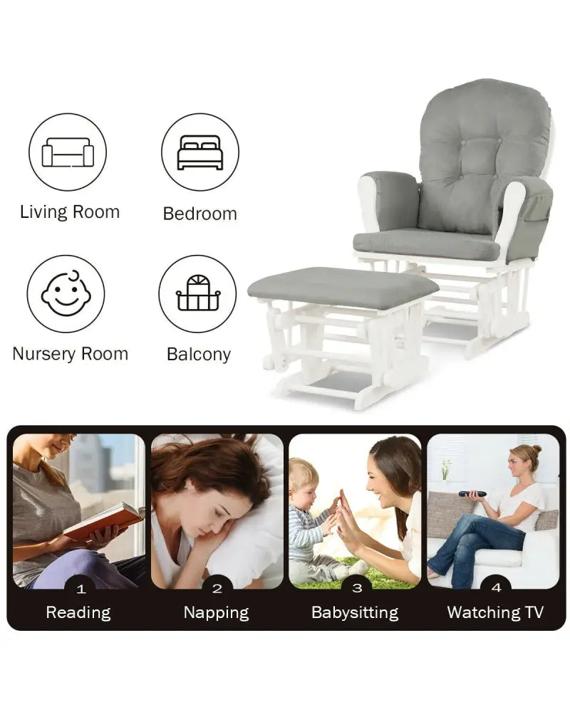 Wood Glider and Ottoman Set with Padded Armrests and Detachable Cushion-Light Gray - Light Gray - Recliners