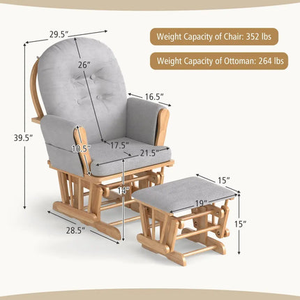 Wood Glider and Ottoman Set with Padded Armrests and Detachable Cushion-Natural - Natural - Recliners