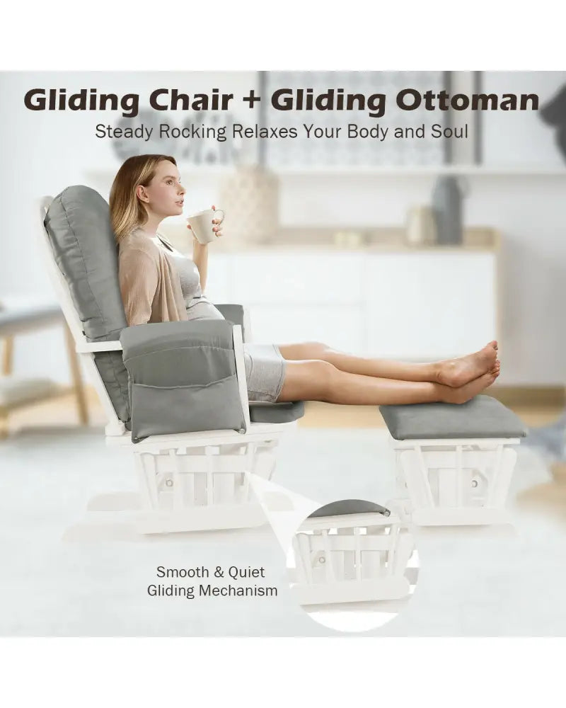 Wood Glider and Ottoman Set with Padded Armrests and Detachable Cushion-Light Gray - Light Gray - Recliners