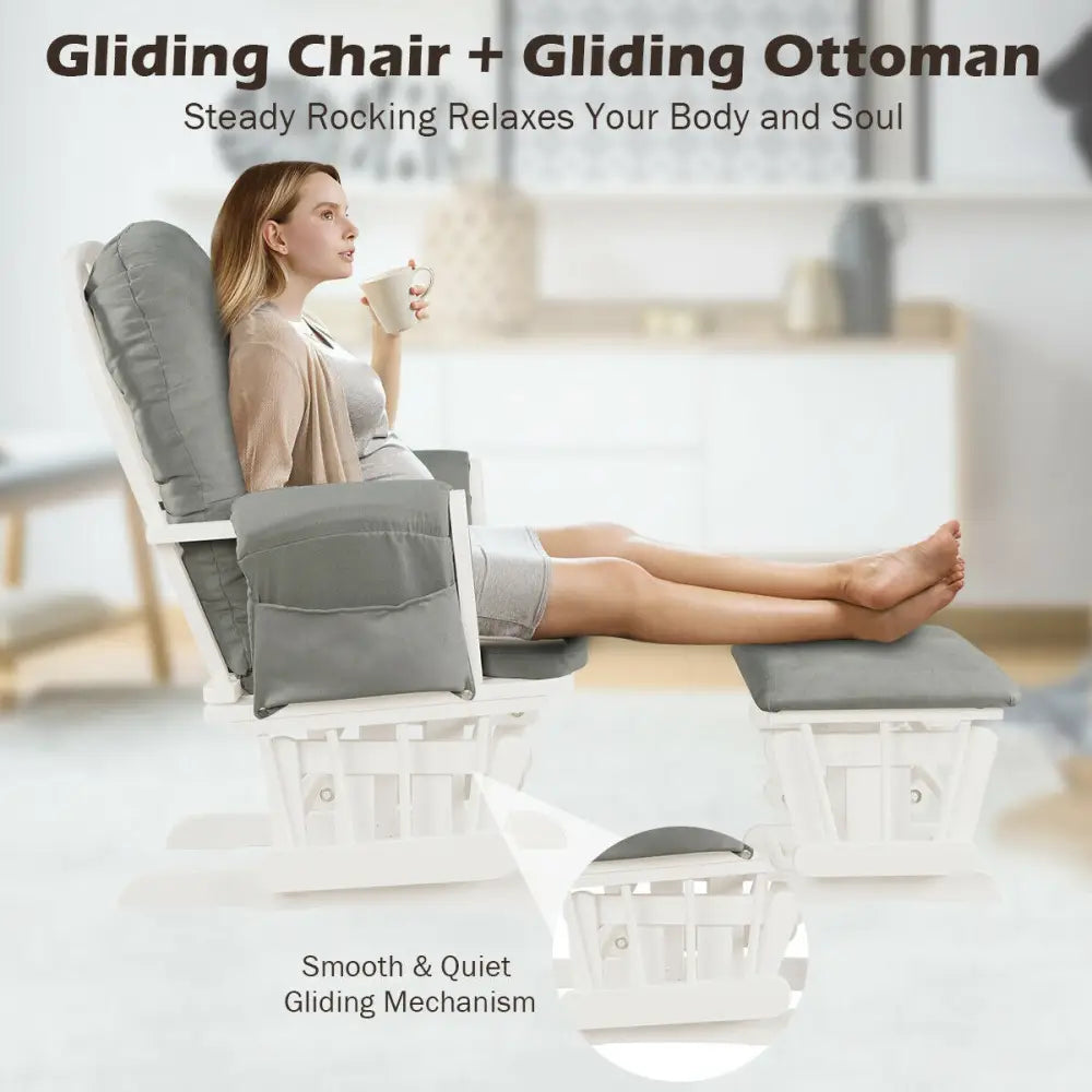 Wood Glider and Ottoman Set with Padded Armrests and Detachable Cushion-Light Gray - Light Gray - Recliners