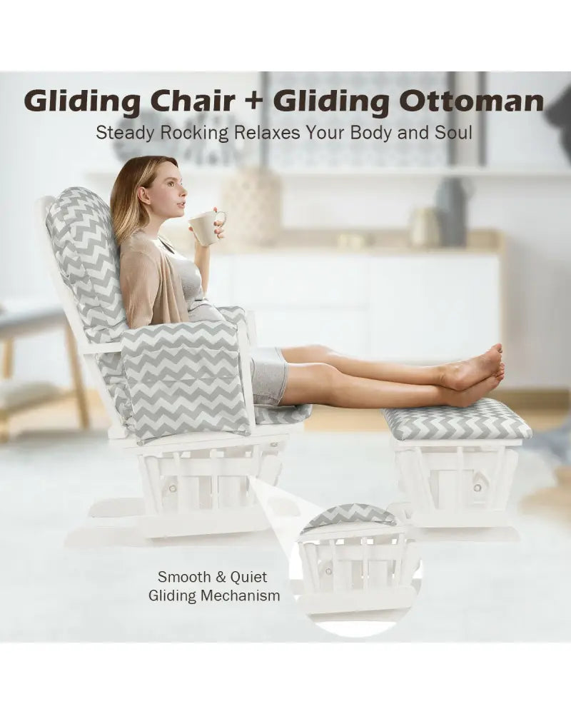 Wood Glider and Ottoman Set with Padded Armrests and Detachable Cushion-Gray and White - White - Recliners
