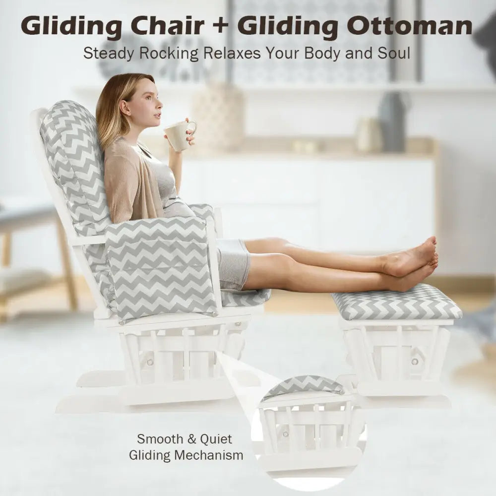 Wood Glider and Ottoman Set with Padded Armrests and Detachable Cushion-Gray and White - White - Recliners