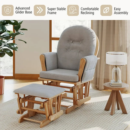 Wood Glider and Ottoman Set with Padded Armrests and Detachable Cushion-Natural - Natural - Recliners