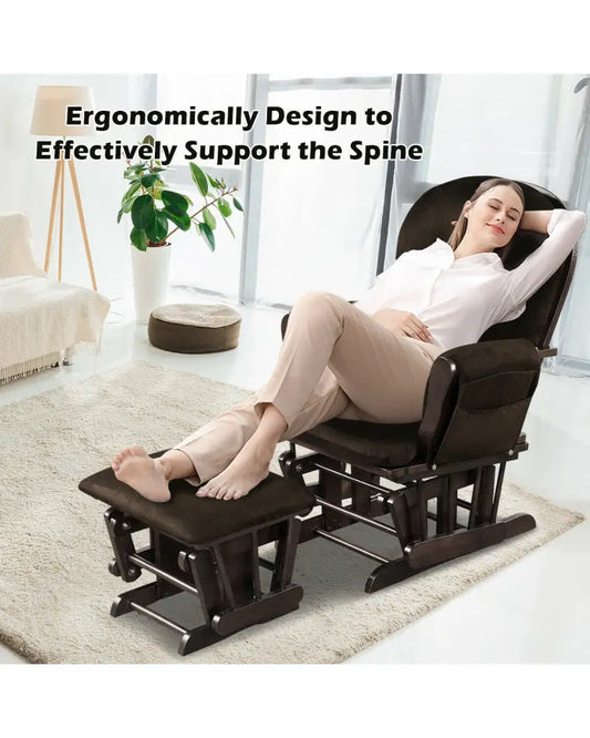 Wood Glider and Ottoman Set with Padded Armrests and Detachable Cushion-Brown - Brown - Recliners