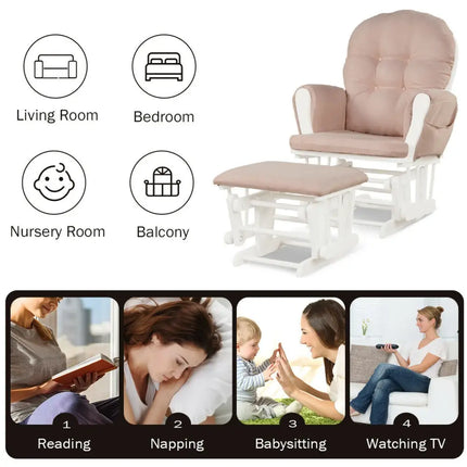 Wood Glider and Ottoman Set with Padded Armrests and Detachable Cushion-Pink - Pink - Recliners