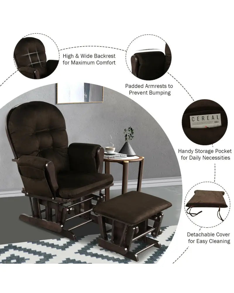 Wood Glider and Ottoman Set with Padded Armrests and Detachable Cushion-Brown - Brown - Recliners