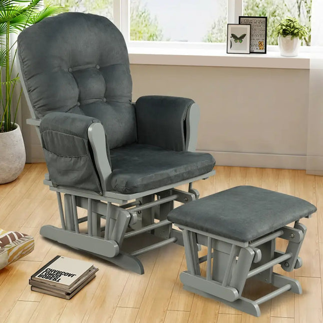 Wood Glider and Ottoman Set with Padded Armrests and Detachable Cushion-Dark Gray - Dark Gray - Recliners